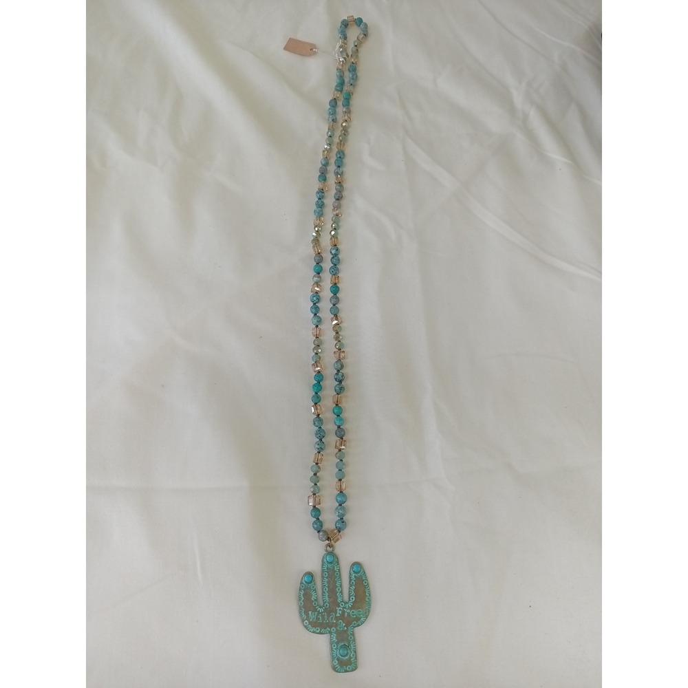 Wild & Free Cactus Pendant Beaded Necklace Turquoise Bronze Boho Southwestern - Picture 6 of 9